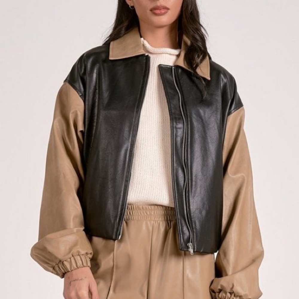 NWT Elan Oakley bomber faux leather color block women's size medium oversized - Picture 2 of 12